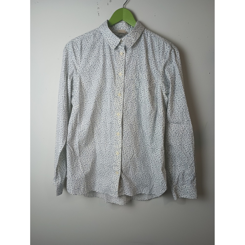 Duluth Trading Co Womens Medium Blue White Floral Button Down Shirt Long Sleeve